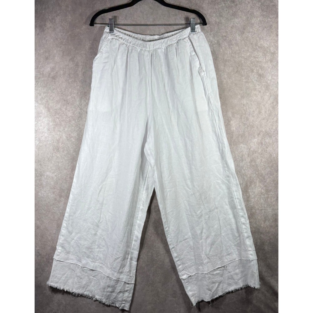 Camille & Co Pants Womens Medium White 100% Linen Wide Leg Raw Hem Boho Resort - Picture 1 of 9